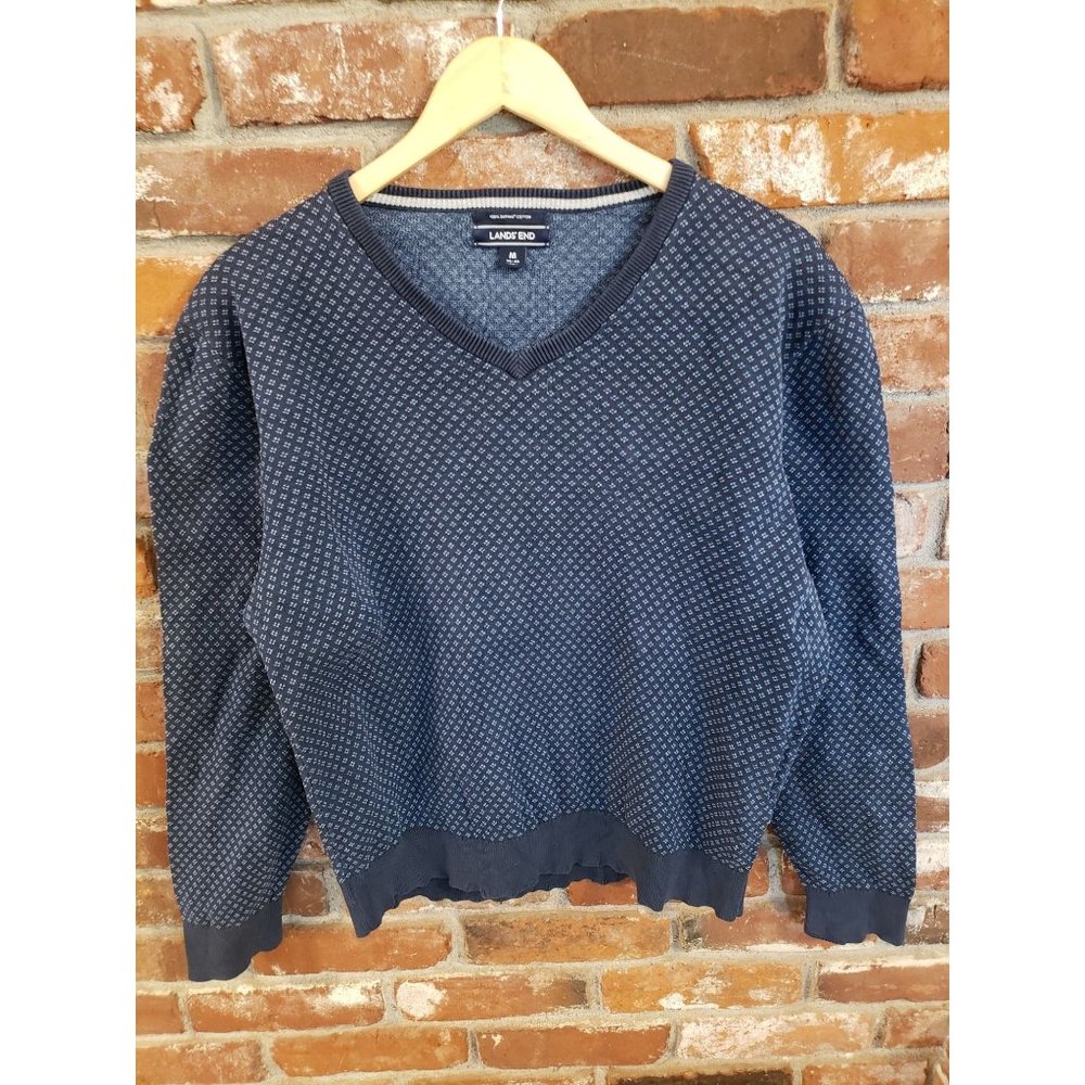 Lands End Womens Blue V Neck Sweater Size M 100% Supima Cotton
